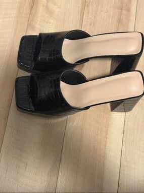Black Croc-Embossed Block Heel Slide Sandals
